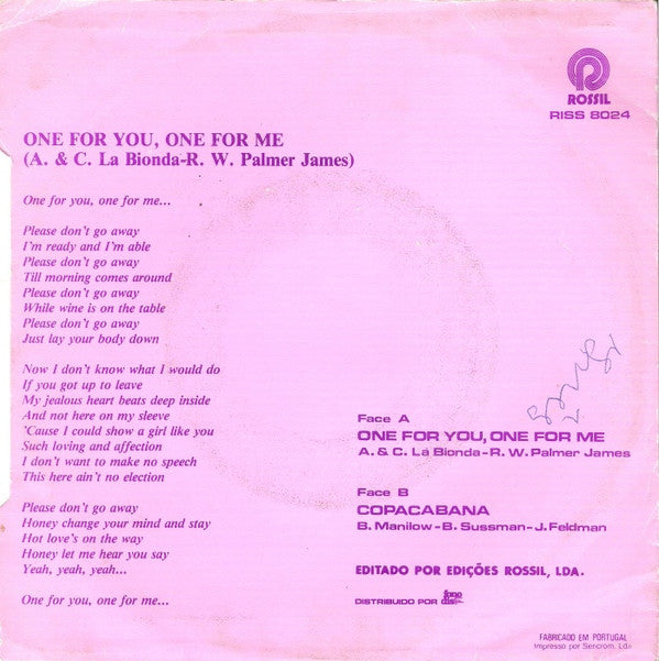 Jonathan B. : One For You, One For Me / Copacabana (7", Single)