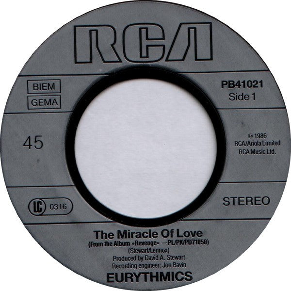 Eurythmics : The Miracle Of Love (7", Single)