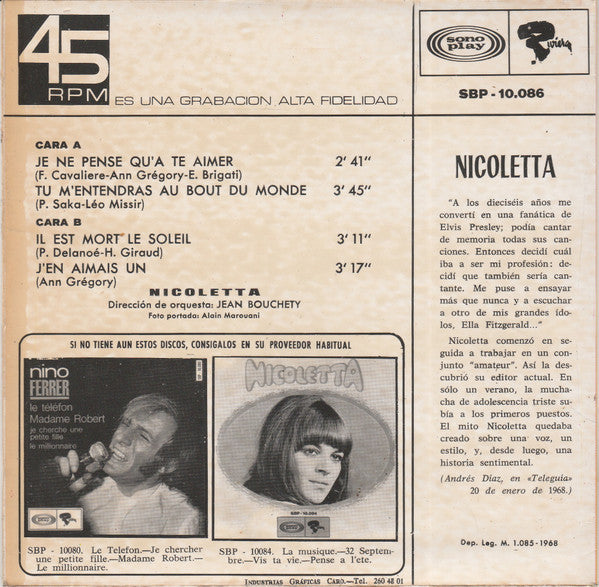 Nicoletta (2) : Je Ne Pense Qu'a T'aimer (7", EP)