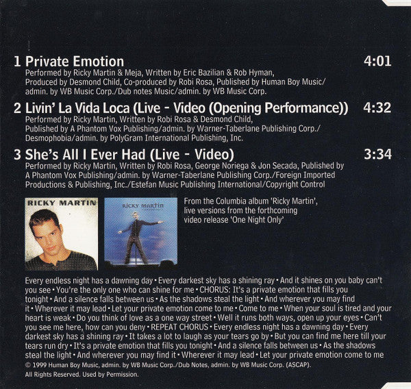 Ricky Martin Featuring Meja : Private Emotion (CD, Maxi)