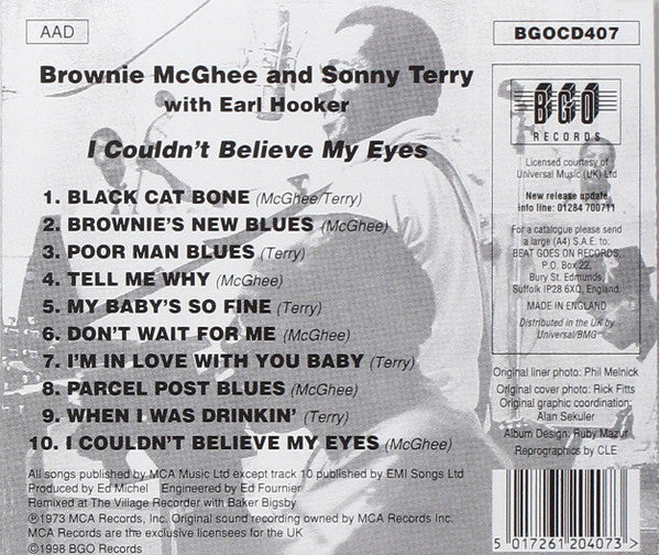 Brownie McGhee And Sonny Terry With Earl Hooker : I Couldn't Believe My Eyes (CD, Album, RE)
