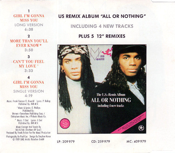 Milli Vanilli : Girl I'm Gonna Miss You (CD, Maxi, Sil)