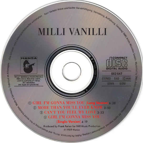 Milli Vanilli : Girl I'm Gonna Miss You (CD, Maxi, Sil)