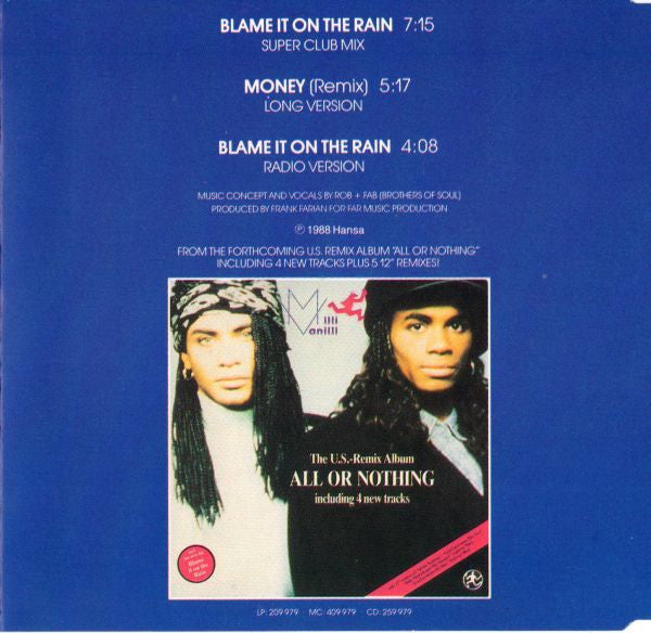 Milli Vanilli : Blame It On The Rain (CD, Maxi)