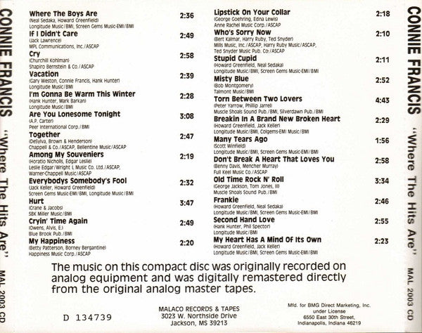 Connie Francis : Where The Hits Are (CD, Comp, Club)