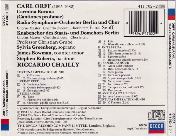 Carl Orff - Sylvia Greenberg, James Bowman (2), Stephen Roberts (2), Radio-Symphonie-Orchester Berlin Und Rundfunkchor Berlin, Riccardo Chailly : Carmina Burana (CD, Album)