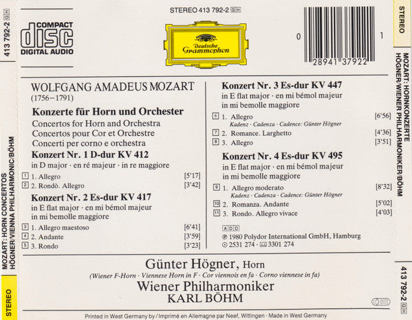 Wolfgang Amadeus Mozart, Günter Högner · Wiener Philharmoniker, Karl Böhm : Hornkonzerte - Horn Concertos (CD)