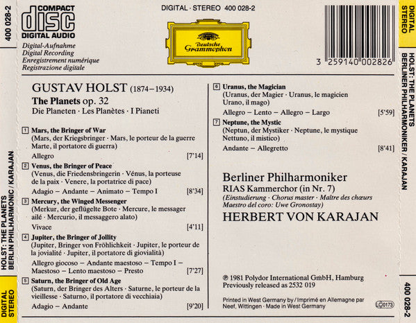 Gustav Holst - Berliner Philharmoniker, Herbert von Karajan : The Planets (CD, Album, RE)