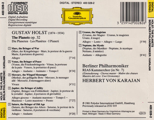 Gustav Holst - Berliner Philharmoniker, Herbert von Karajan : The Planets (CD, Album, RE)
