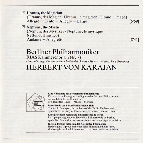 Gustav Holst - Berliner Philharmoniker, Herbert von Karajan : The Planets (CD, Album, RE)