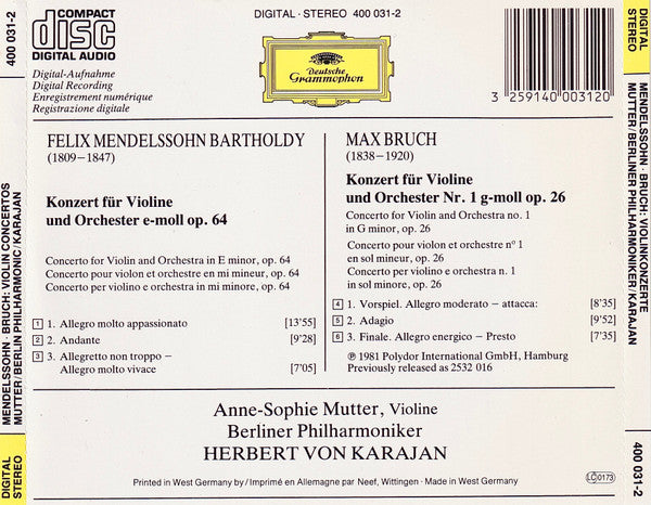 Felix Mendelssohn-Bartholdy · Max Bruch - Anne-Sophie Mutter · Berliner Philharmoniker · Herbert von Karajan : Violinkonzerte (CD, Album)