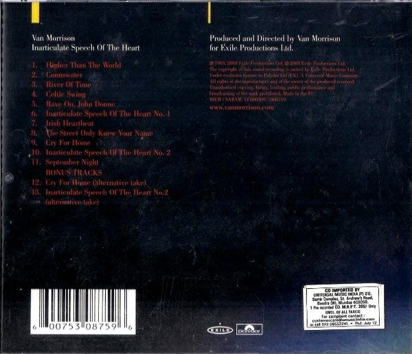Van Morrison : Inarticulate Speech Of The Heart (CD, Album, RE, RM)
