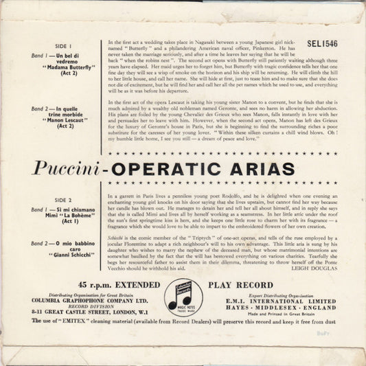 Maria Callas And The Philharmonia Orchestra : Puccini Operatic Arias (7", EP, RP)