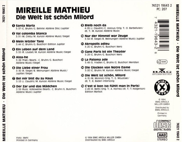 Mireille Mathieu : Die Welt Ist Schön Milord (CD, Comp)