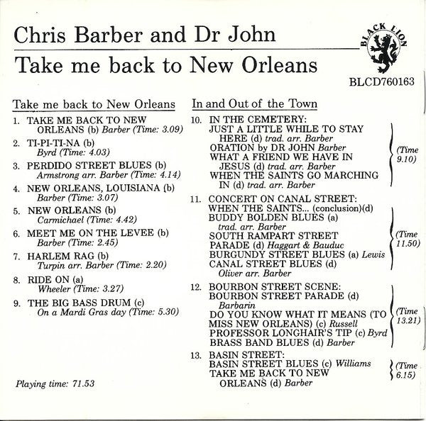 Chris Barber And Dr. John : Take Me Back To New Orleans (CD, Album, RE)
