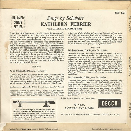 Kathleen Ferrier : Songs By Schubert (7", EP, Mono)