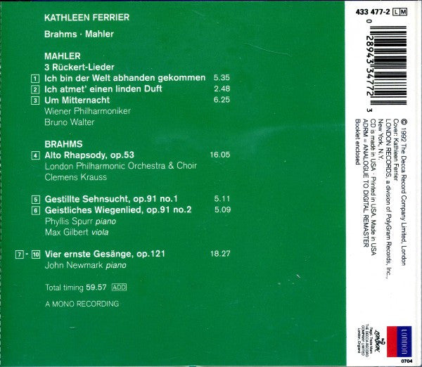Kathleen Ferrier : Brahms - Mahler (CD, Comp, Mono, RM)