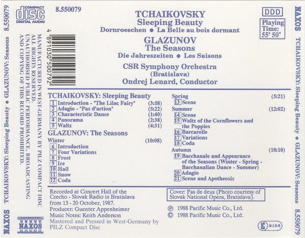 Pyotr Ilyich Tchaikovsky • Alexander Glazunov • Slovak Radio Symphony Orchestra • Ondrej Lenárd : Sleeping Beauty = Dornroeschen = La Belle Au Bois Dormant • The Seasons = Die Jahreszeiten = Les Saisons (CD, Album)