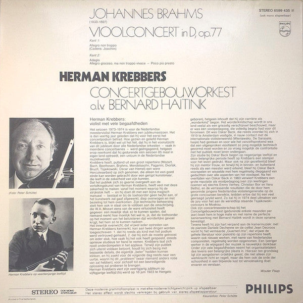 Johannes Brahms - Herman Krebbers, Concertgebouworkest, Bernard Haitink : Vioolconcert (LP, Album, RE)