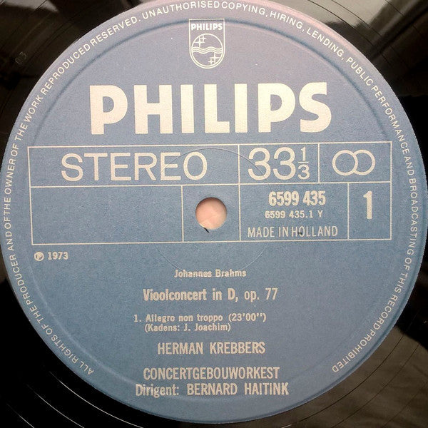 Johannes Brahms - Herman Krebbers, Concertgebouworkest, Bernard Haitink : Vioolconcert (LP, Album, RE)