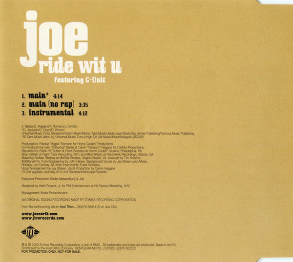 Joe Featuring G-Unit : Ride Wit U (CD, Single, Promo)