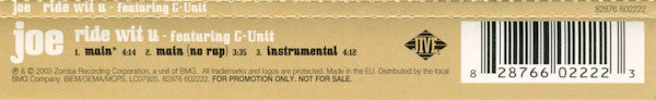 Joe Featuring G-Unit : Ride Wit U (CD, Single, Promo)