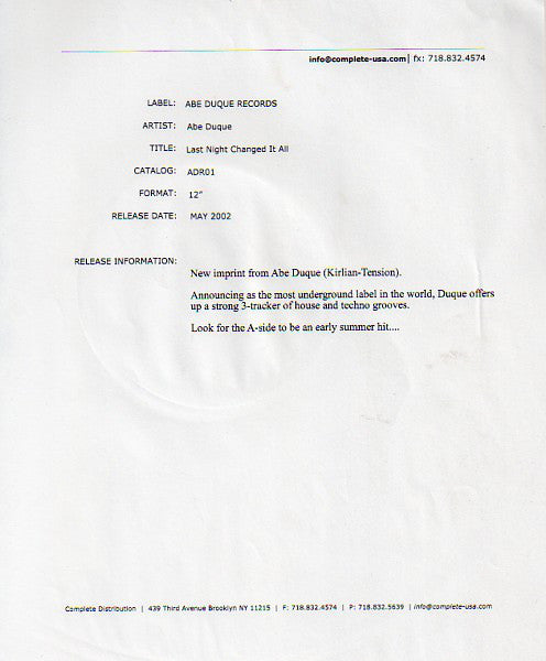 Abe Duque : Last Night Changed It All (12", Etch)