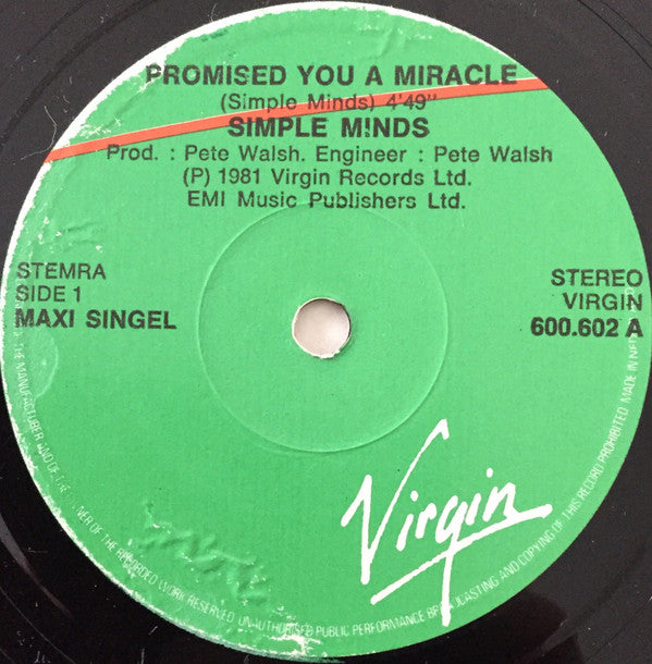 Simple Minds : Promised You A Miracle (12", Single)