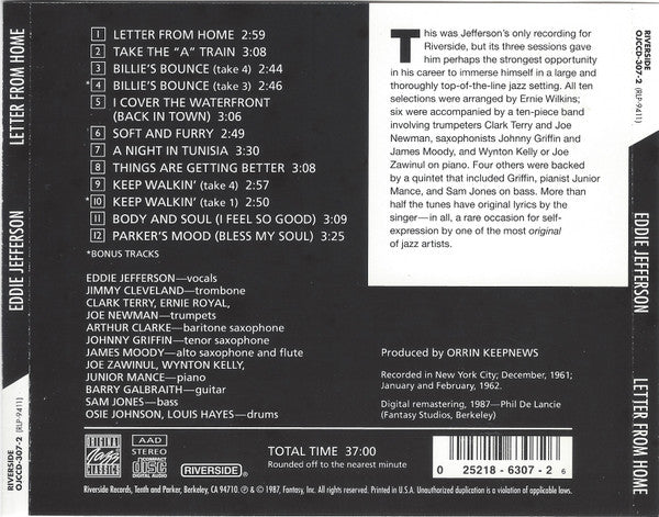 Eddie Jefferson : Letter From Home (CD, Album, RE, RM)