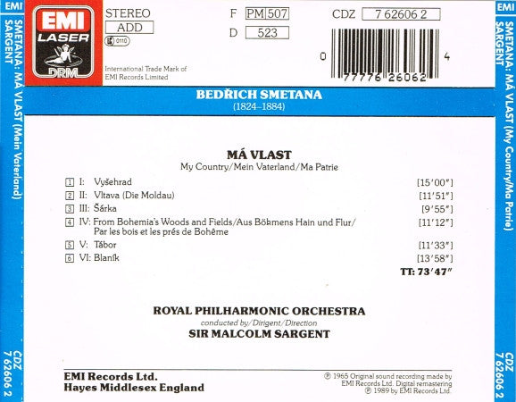 Bedřich Smetana - Sir Malcolm Sargent, Royal Philharmonic Orchestra : Má Vlast (CD, Album, RE, RM)