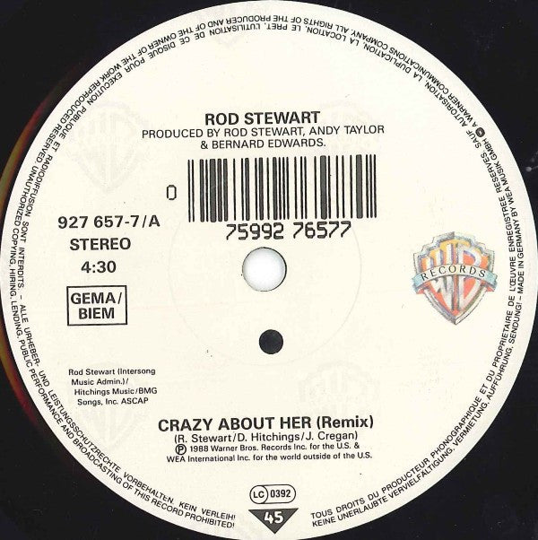 Rod Stewart : Crazy About Her (7", Single, Sma)