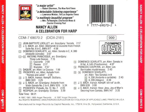 Nancy Allen (2), Johann Sebastian Bach, Domenico Scarlatti, Jean-Baptiste Loeillet, Ottorino Respighi, Sergei Prokofiev : A Celebration For Harp (CD)