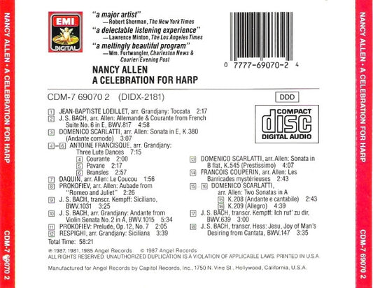 Nancy Allen (2), Johann Sebastian Bach, Domenico Scarlatti, Jean-Baptiste Loeillet, Ottorino Respighi, Sergei Prokofiev : A Celebration For Harp (CD)
