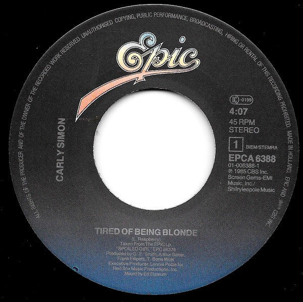 Carly Simon : Tired Of Being Blonde (7", Single)