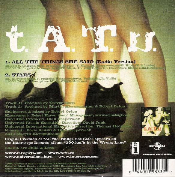 t.A.T.u. : All The Things She Said (CD, Single, Car)