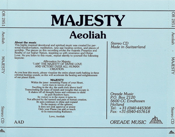 Aeoliah : Majesty (CD, Album)