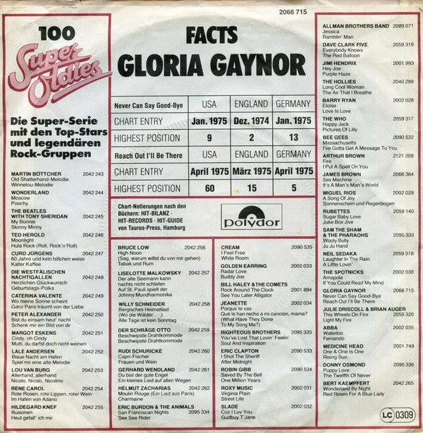 Gloria Gaynor : Never Can Say Good-Bye / Reach Out I'll Be There (7", Single)