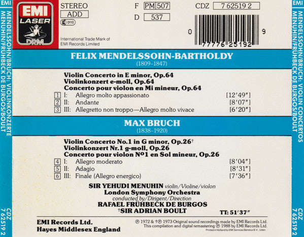 Mendelssohn* / Bruch* - Yehudi Menuhin / Frühbeck De Burgos* / Boult* : Violin Concertos (CD, Comp)