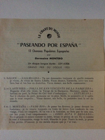 Germaine Montero : Paseando Por España (13 Chansons Populaires D'Espagne) (7")