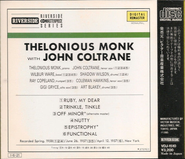 Thelonious Monk With John Coltrane : Thelonious Monk With John Coltrane (CD, Album, Mono, RE, RM)
