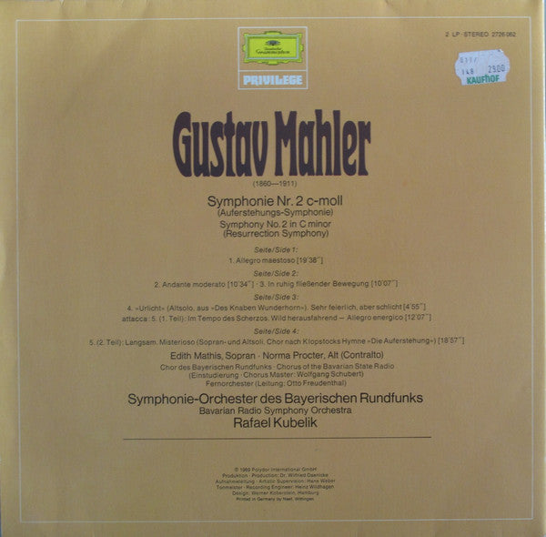 Gustav Mahler - Edith Mathis, Norma Procter, Chor Des Bayerischen Rundfunks Und Symphonie-Orchester Des Bayerischen Rundfunks, Rafael Kubelik : Symphonie Nr. 2 (»Auferstehungs-Symphonie« = »Resurrection«) (2xLP, Album, RE)