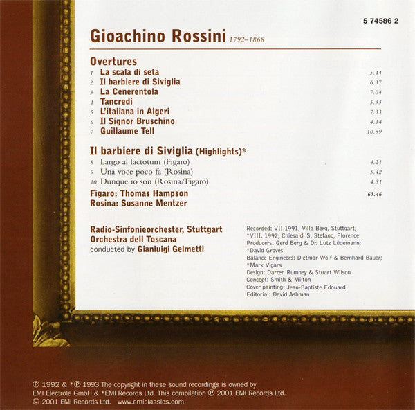 Gioacchino Rossini, Thomas Hampson, Susanne Mentzer, Radio-Sinfonieorchester Stuttgart, The Orchestra Della Toscana, Gianluigi Gelmetti : Overtures - Il Barbiere Di Siviglia (Highlights) (CD, Comp)