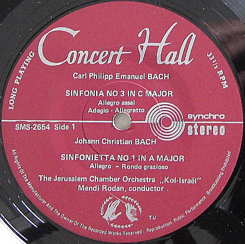 Orchestre De Chambre De Jérusalem "Kol-Israel" Conducted By Mendi Rodan / Carl Philipp Emanuel Bach ; Johann Christian Bach ; Wilhelm Friedemann Bach : Les Fils De Bach - Die Söhne Bachs (LP, Album)