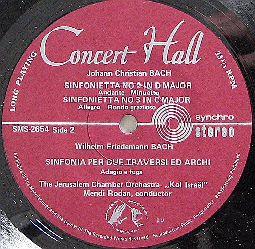 Orchestre De Chambre De Jérusalem "Kol-Israel" Conducted By Mendi Rodan / Carl Philipp Emanuel Bach ; Johann Christian Bach ; Wilhelm Friedemann Bach : Les Fils De Bach - Die Söhne Bachs (LP, Album)
