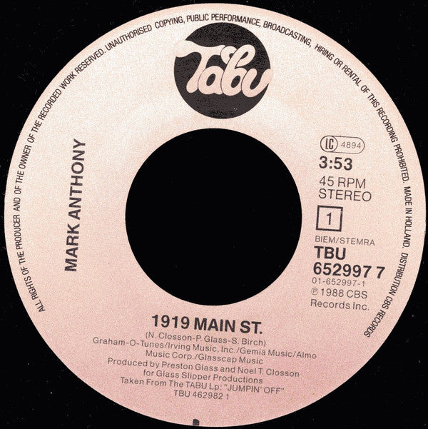 Mark Anthony : 1919 Main St. (7", Single)