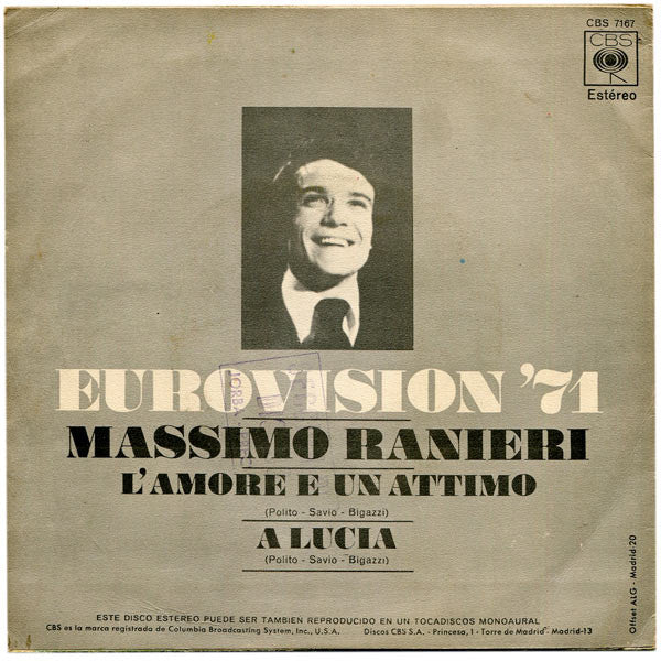 Massimo Ranieri : Eurovision '71 - L'amore E Un Attimo (7", Single)
