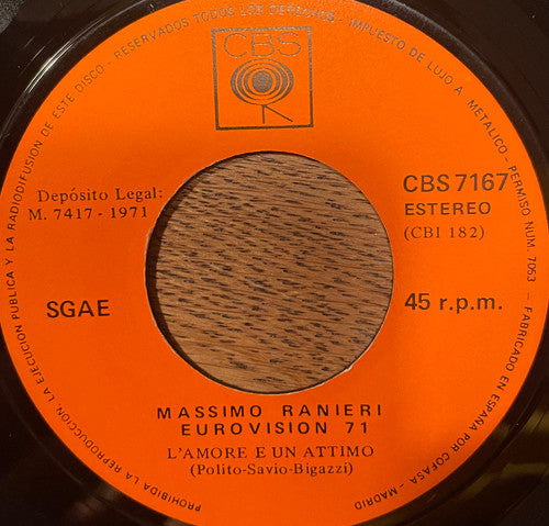 Massimo Ranieri : Eurovision '71 - L'amore E Un Attimo (7", Single)