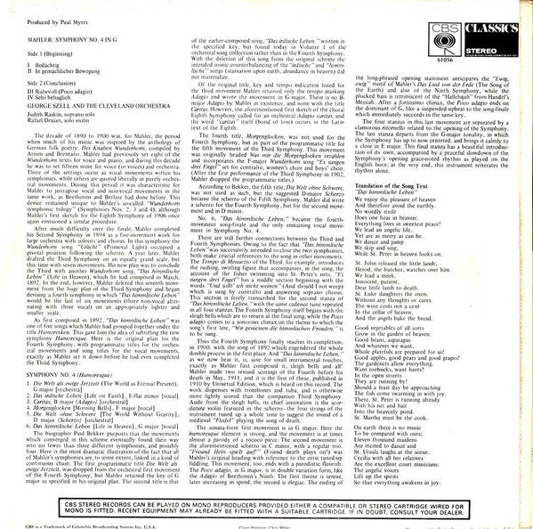 Gustav Mahler, Judith Raskin, The Cleveland Orchestra, George Szell : Symphony No.4 (LP, RE)