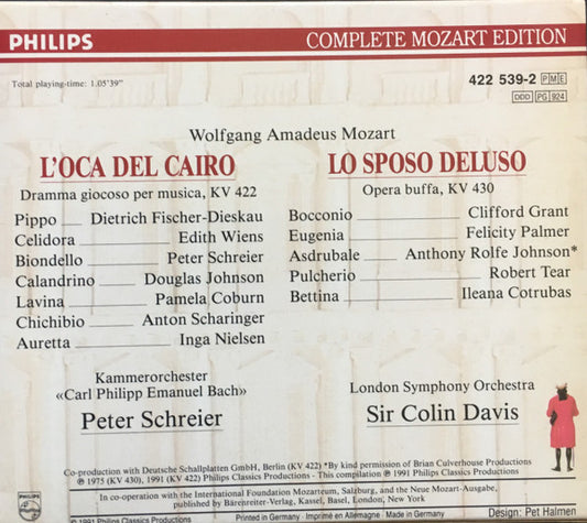 Wolfgang Amadeus Mozart - Kammerorchester Carl Philipp Emanuel Bach / Peter Schreier - London Symphony Orchestra / Sir Colin Davis : L'Oca Del Cairo - Lo Sposo Deluso (CD, Album, Comp)