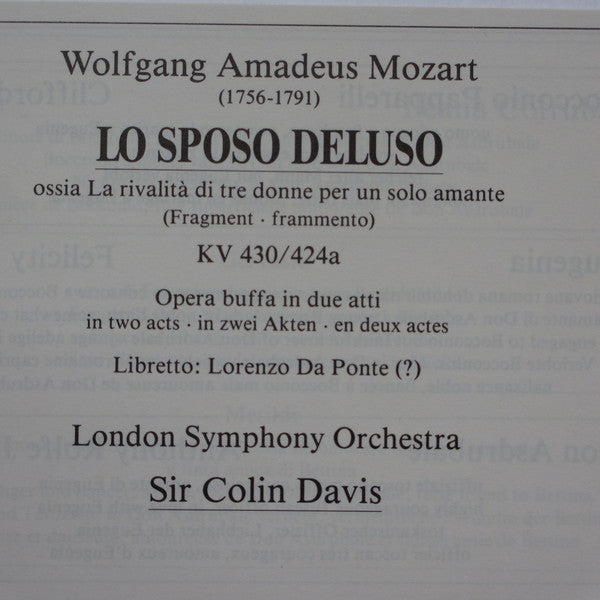 Wolfgang Amadeus Mozart - Kammerorchester Carl Philipp Emanuel Bach / Peter Schreier - London Symphony Orchestra / Sir Colin Davis : L'Oca Del Cairo - Lo Sposo Deluso (CD, Album, Comp)